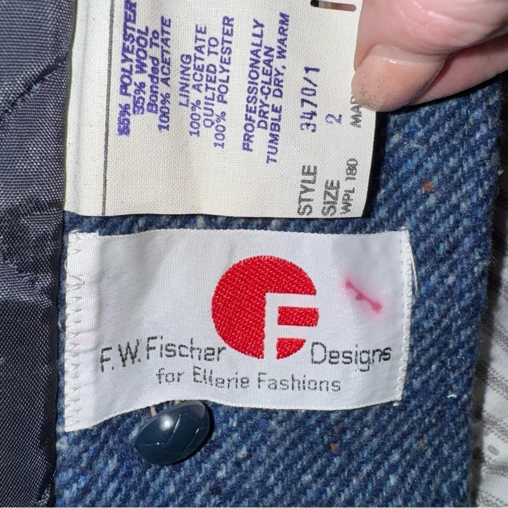 Vintage 1970s F.W. Fischer Blue‎ Tweed Wool Coat Matching Hat Set Union Made USA